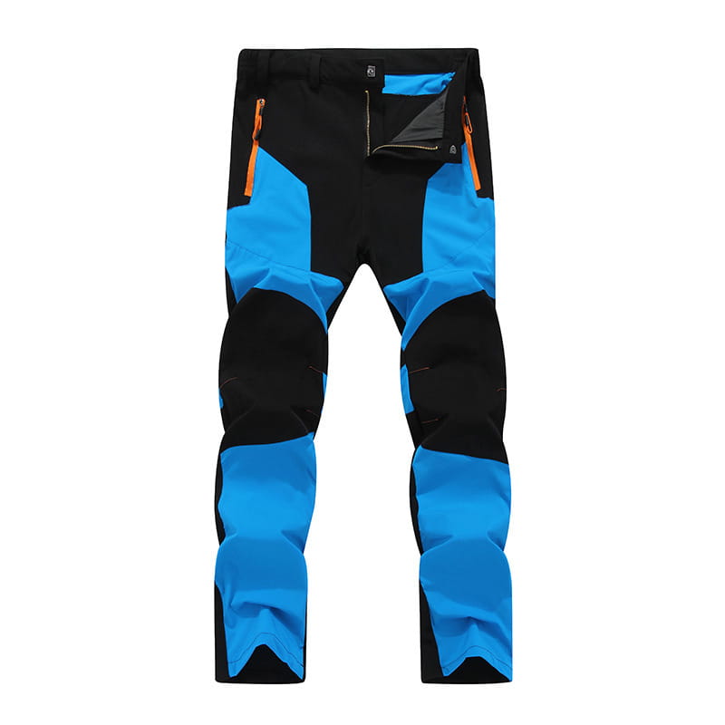 Men waterproof hiking pants with stretch tactical design in black and bright blue fabric featuring orange zipper accents.
