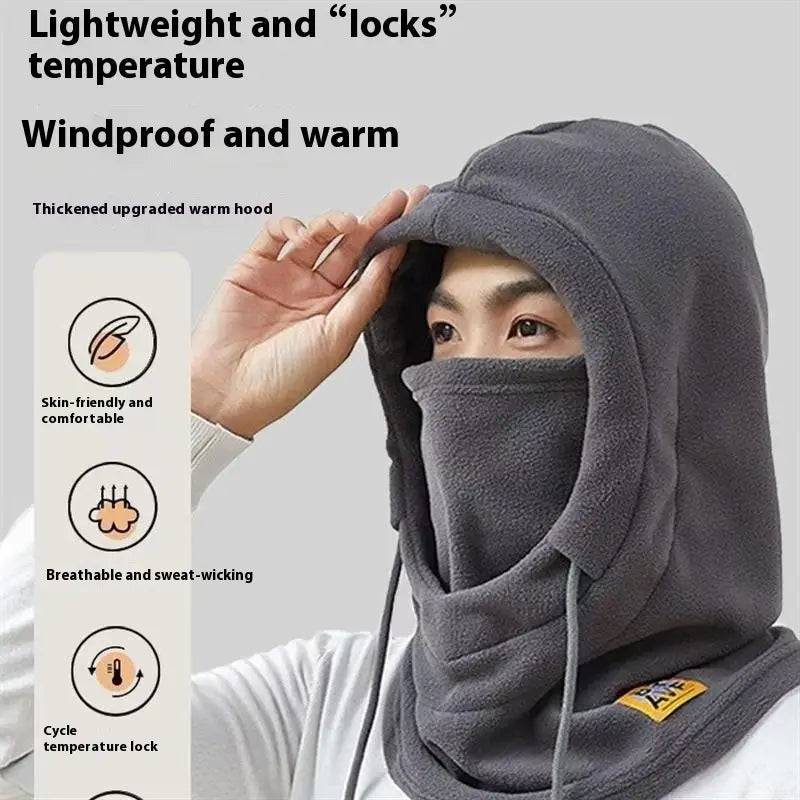 Gray windproof fleece balaclava ski mask hat with a thickened upgraded warm hood and adjustable drawstrings for a secure fit.