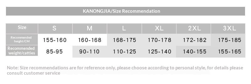 Größenempfehlungstabelle für den Herren-Minimalismus-Freizeitblazer von Kanongjia mit Maßangaben in Zentimetern und Kilogramm für die Größen S bis 3XL.
