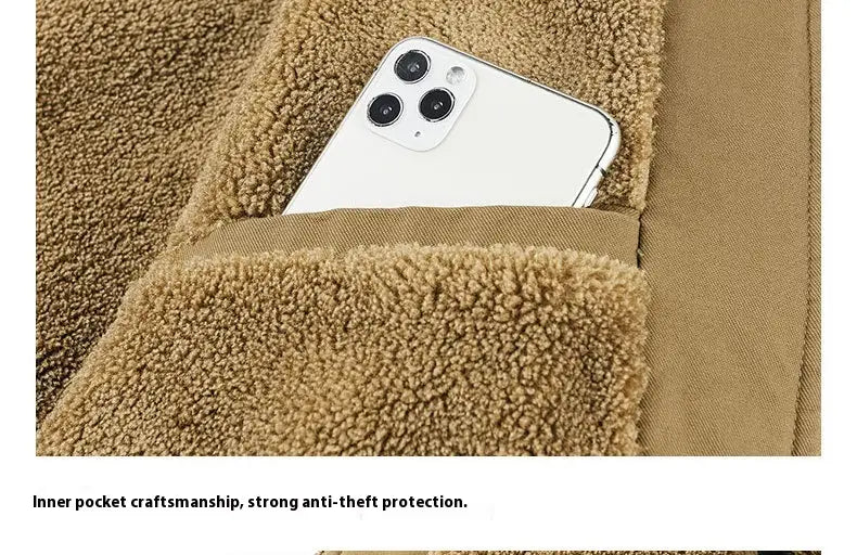A white smartphone with a triple camera setup rests in the tan fleece lined inner pocket of a men cotton shearling bomber jacket.