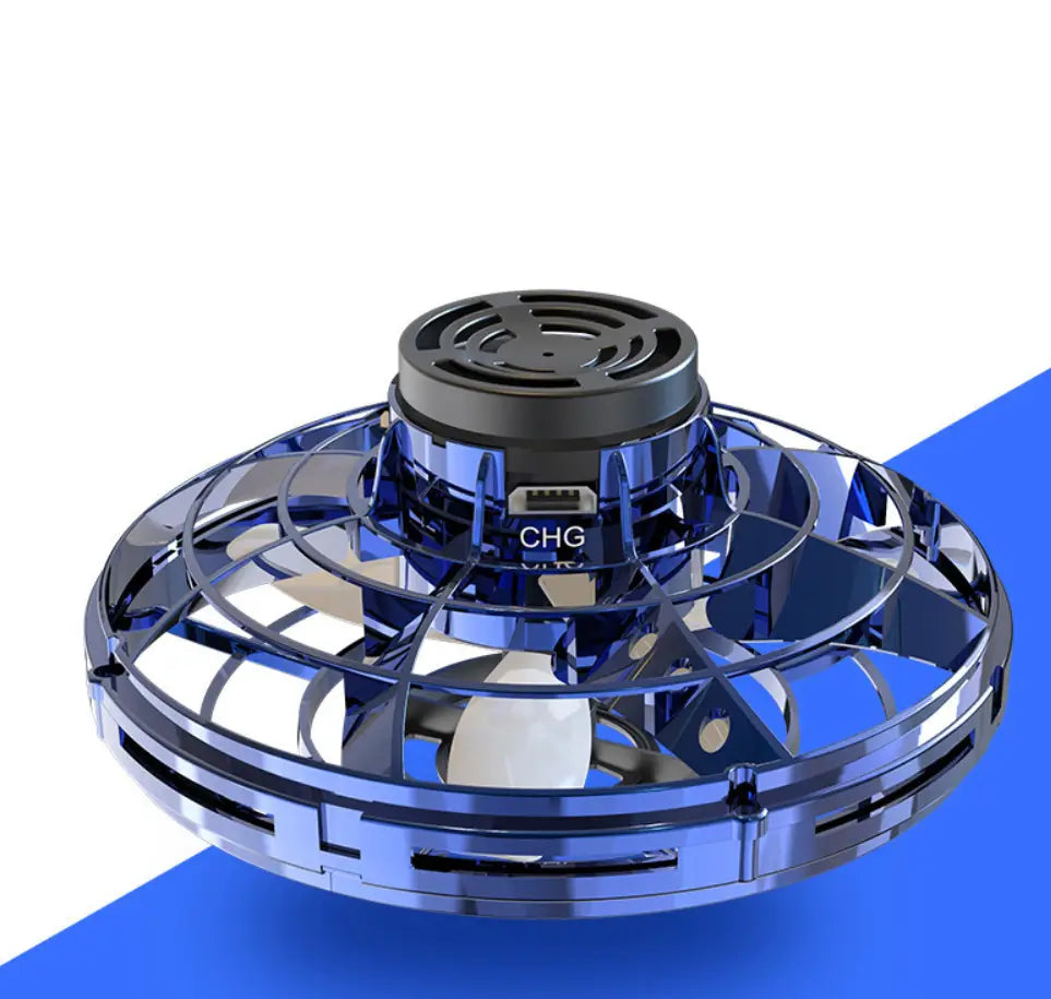 Blue and black mini drone with a transparent protective cage hovering featuring LED lights and fingertip gyro control in the flying ufo spinner led mini drone fingertip gyro toy product.