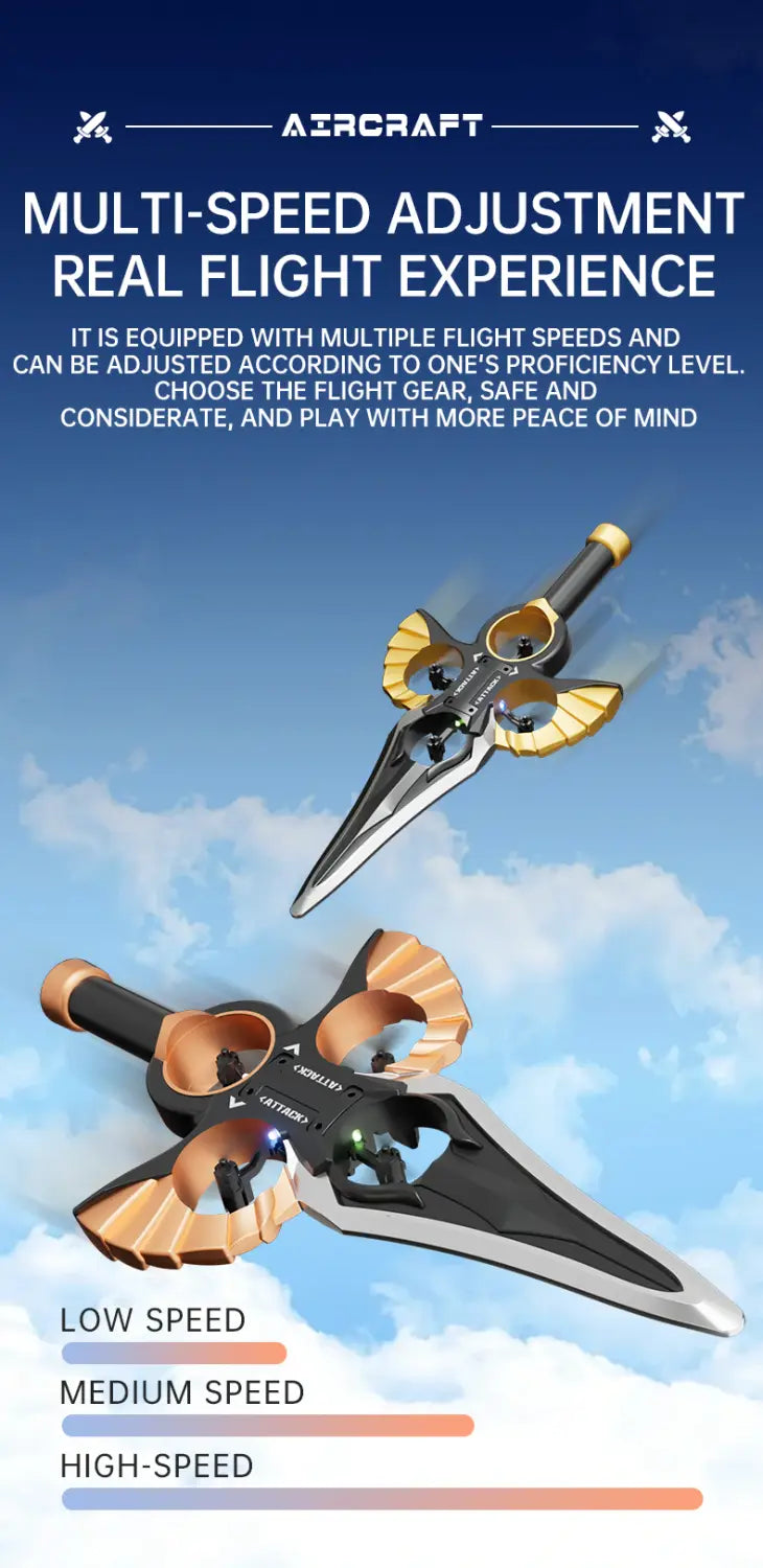 Black and gold flying sword drone with sword-like design and multiple flight speeds for adjustable real flight experience kids toy.