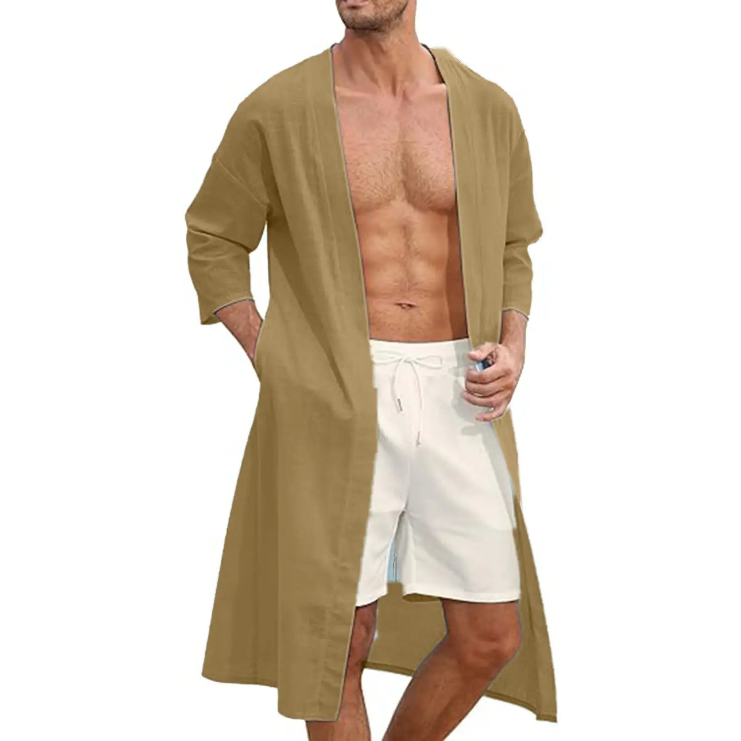 Men’s relaxed fit open front kimono cardigan in olive green linen with loose fitting three quarter sleeves.