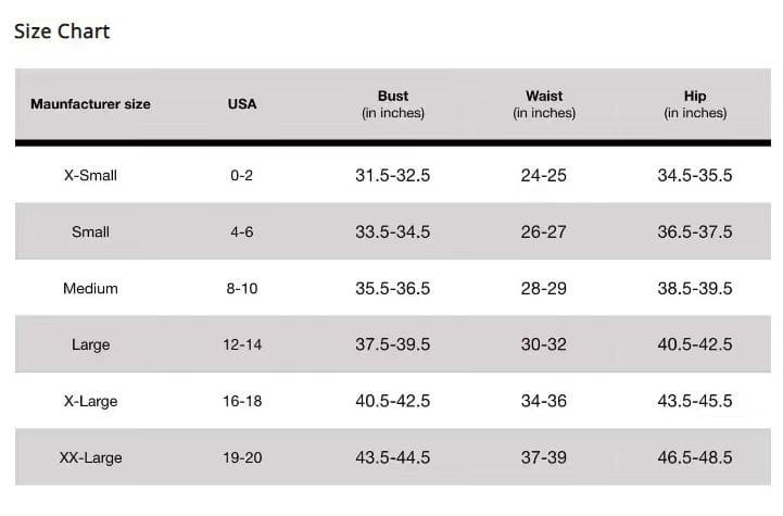 Size chart for split front relaxed knit sweater displaying manufacturer sizes with corresponding usa size ranges and bust waist and hip measurements in inches.