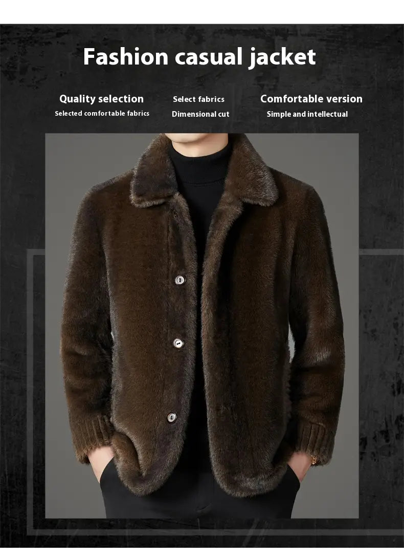 Brown faux fur winter coat for men featuring a plush collar and ribbed cuffs in a casual style.