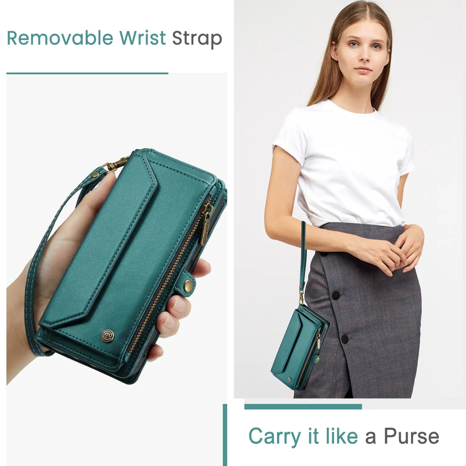 Teal leather wallet phone case with removable wrist strap shown from the back side.