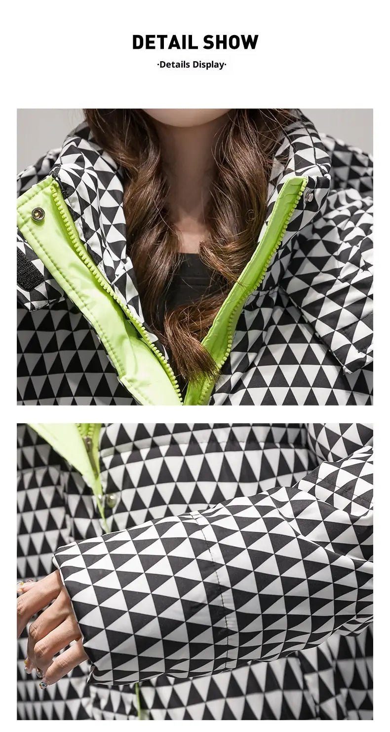 Manteau matelassé en coton noir et blanc à motifs géométriques pour femmes, avec une fermeture zippée vert citron vert et un motif pied-de-poule