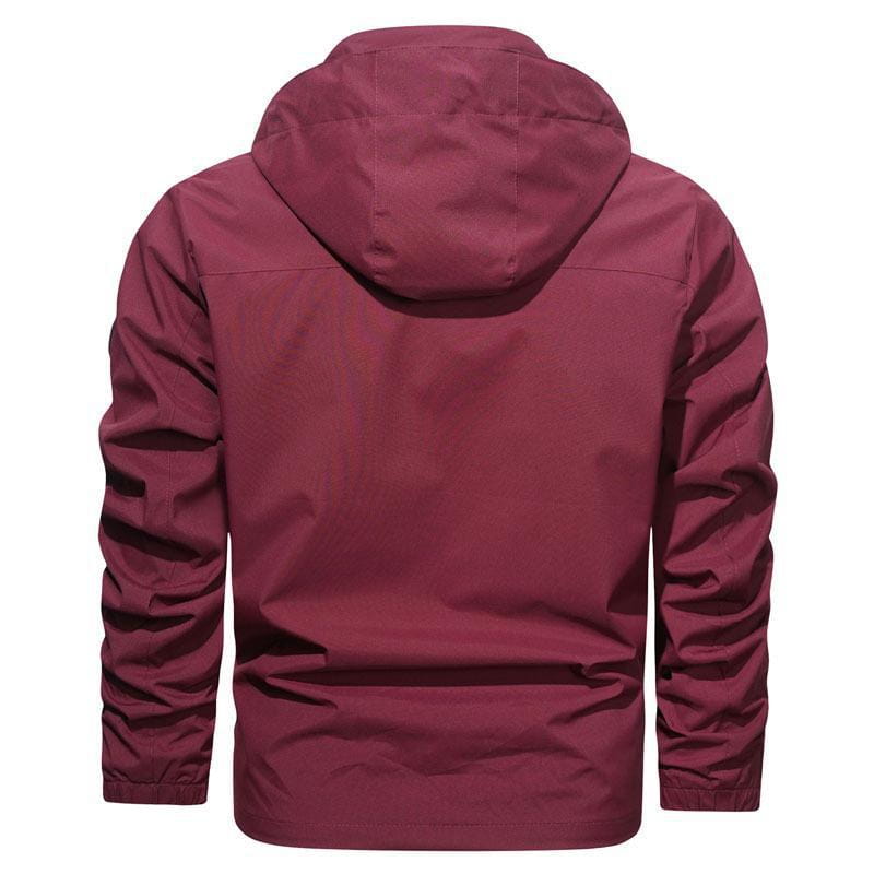 Mens outdoor fleece hooded jacket in maroon featuring a sleek lightweight fabric and subtle seam detailing for casual wear.