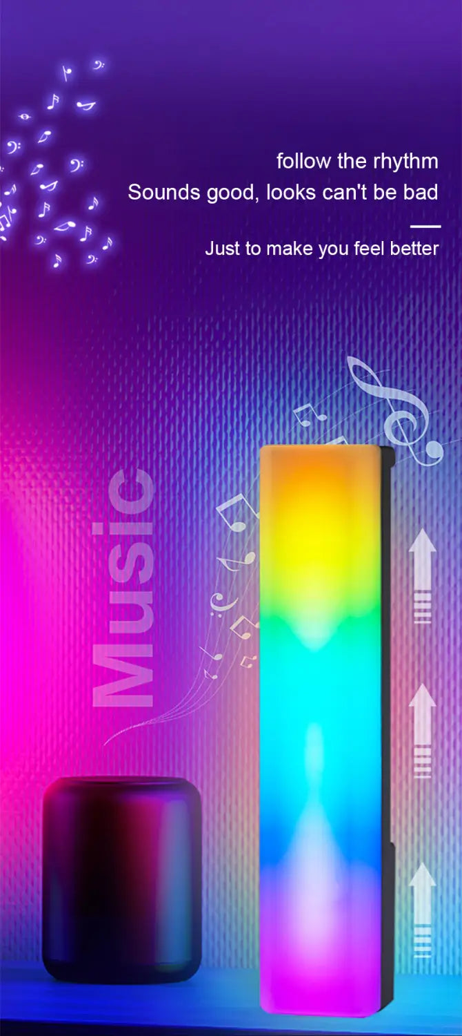 Eine hohe rechteckige RGB-Rhythmus-Lichtleiste mit einer lebendigen Regenbogenverlauf-Anzeige und einem eleganten modernen Design für sprachaktivierte Gaming-Beleuchtung.