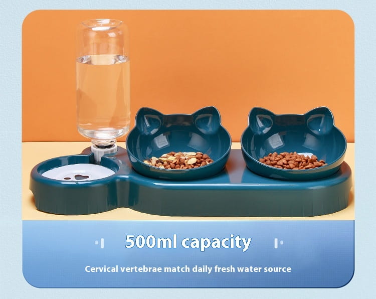 Distributeur orthopédique turquoise pour chat avec deux bols de nourriture et une bouteille d’eau en verre automatique pour l’hydratation et l’alimentation des animaux.