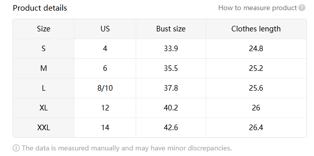 The product details table for the eyelet button front tank top with tie straps displays sizes with corresponding bust and clothes length measurements.