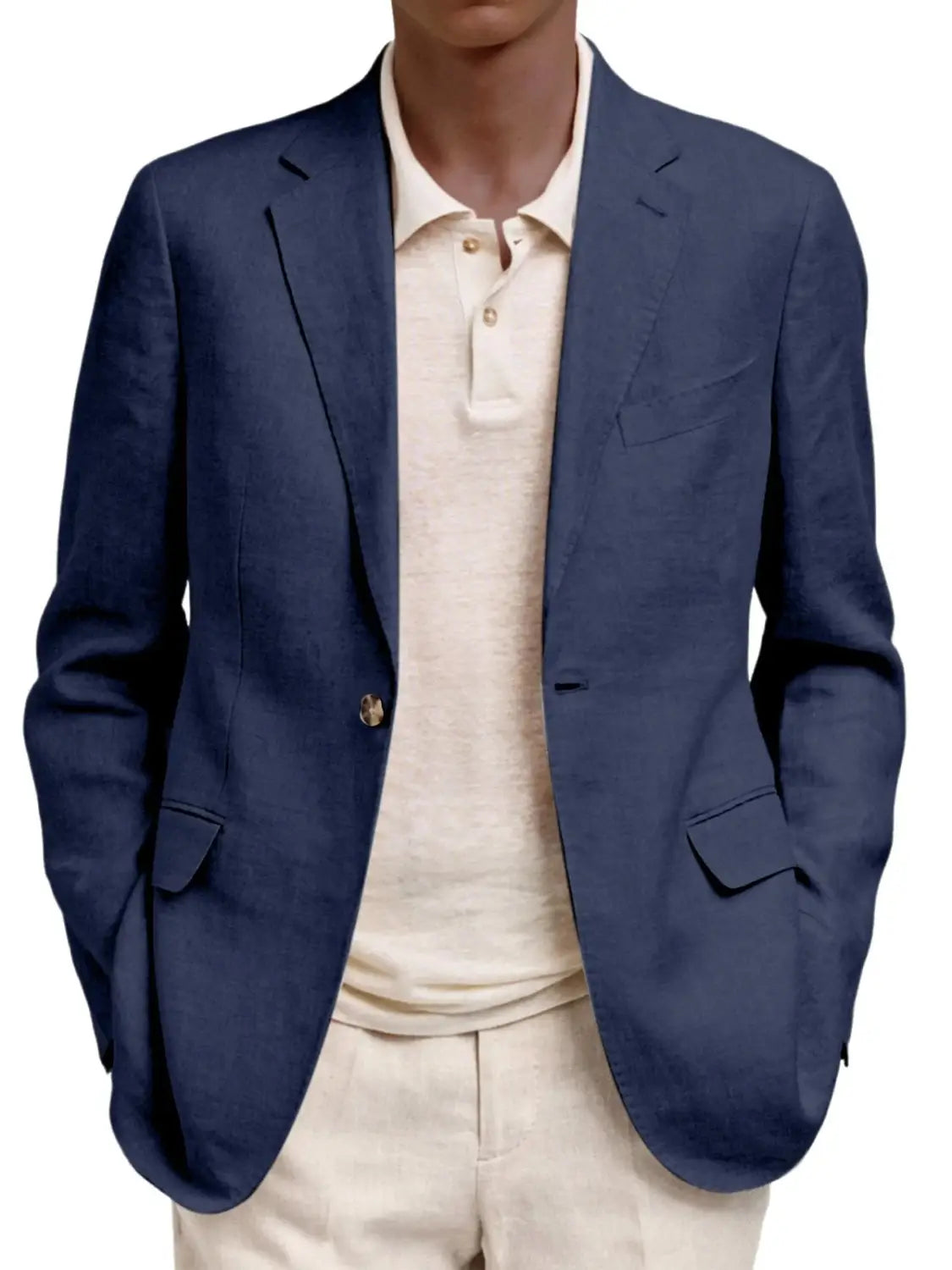 Marineblaues Herren-Leinen-Slim-Fit-Casual-Blazerjackett in Frontansicht mit leichtem, atmungsaktivem Stoff.