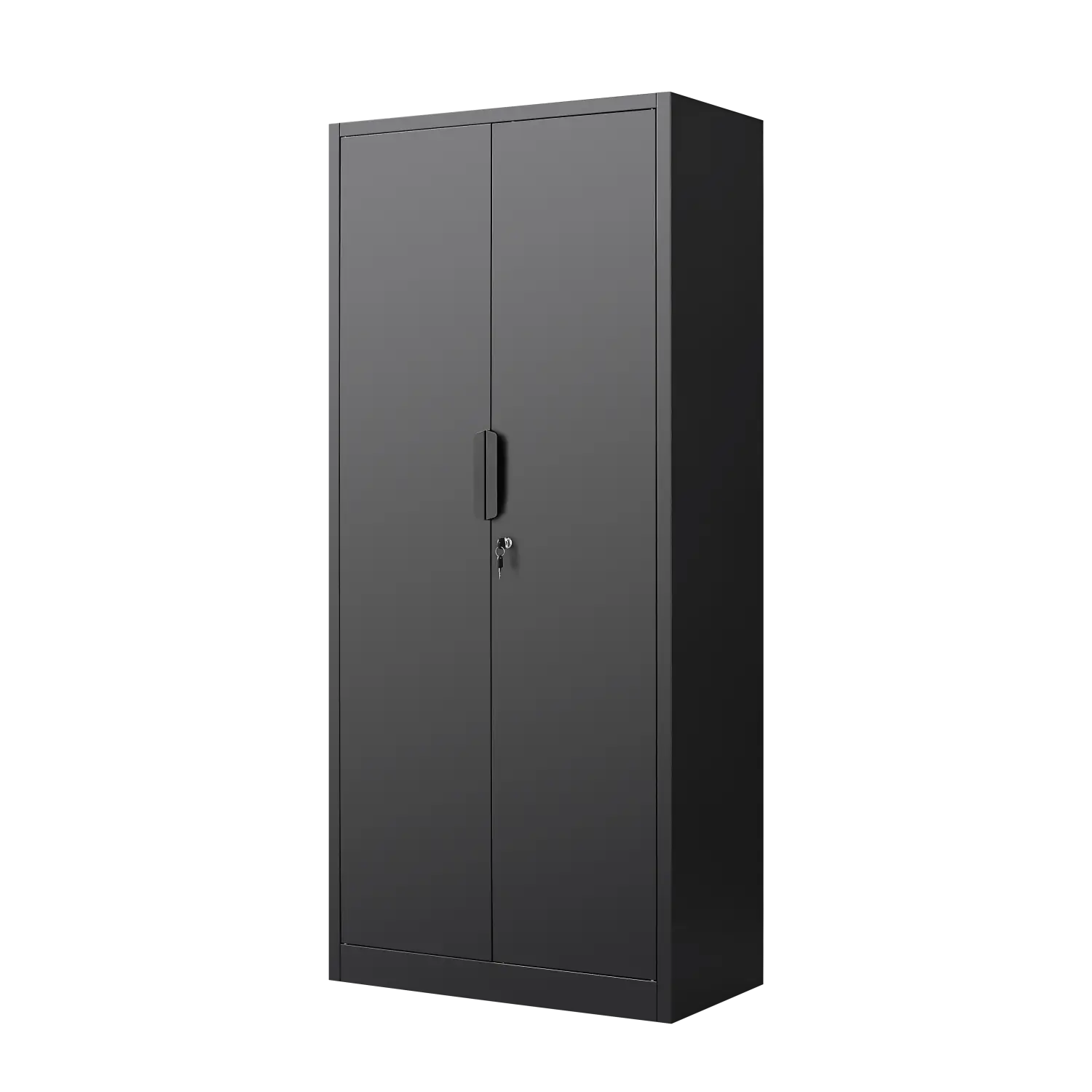 black metal two-door 70 inch steel locking file cabinet with vertical handle and key lock designed for secure document storage with four shelves