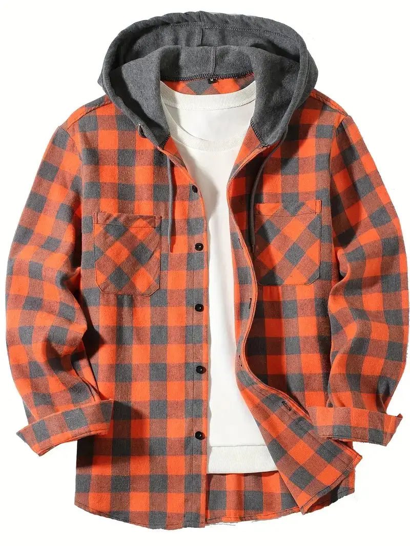 Men’s plaid hooded flannel shirt in orange and gray with a soft-lined interior for added comfort.