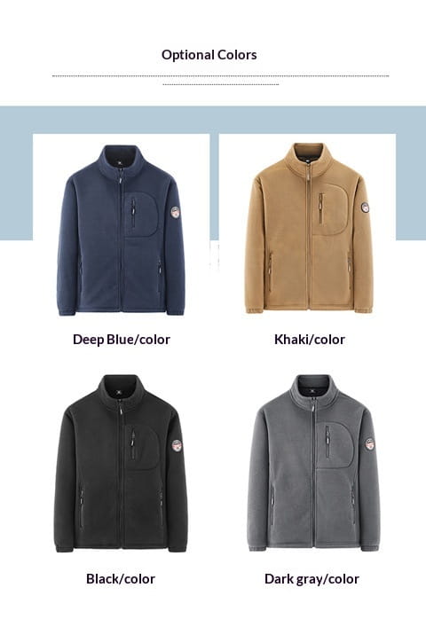 mens fleece casual multipocket winter jacket in deep blue khaki black and dark gray made from warm fleece material for cold weather.