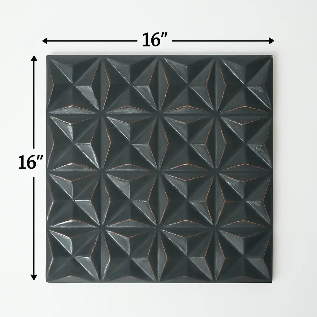 Panel de decoración mural de MDF geométrica de 16x16 en negro con destello de estrella en 3D que presenta un patrón de diamante en relieve sobre un panel de pared cuadrado negro de 16 pulgadas.