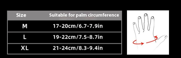 Size chart for weightlifting fitness gloves anti-skid half-finger showing medium large and extra-large palm circumference measurements in centimeters and inches.
