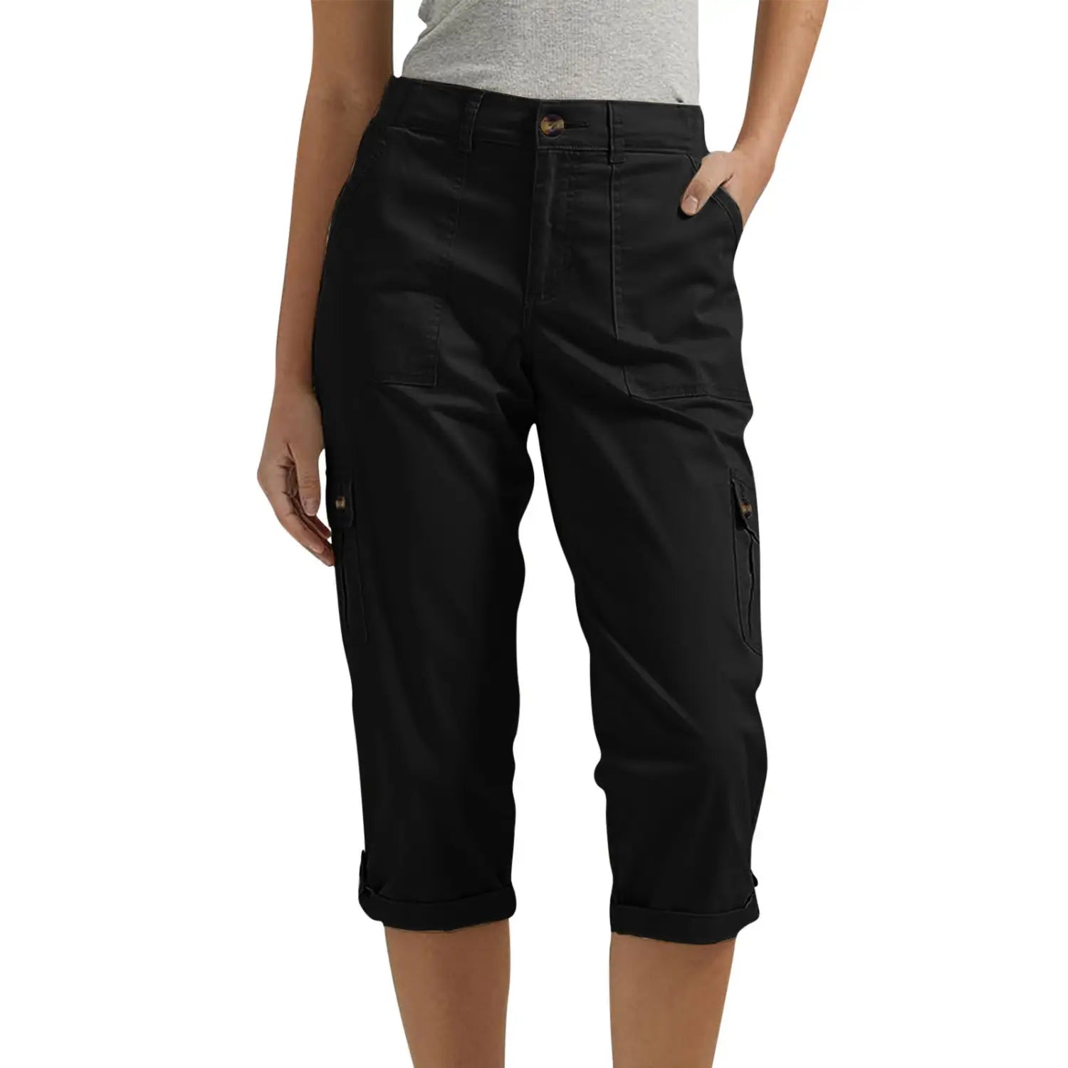 Pantalons capri cargos noirs taille haute pour femmes, pantalons décontractés, avec ourlets retroussés et multiples poches, adaptés à un usage quotidien.