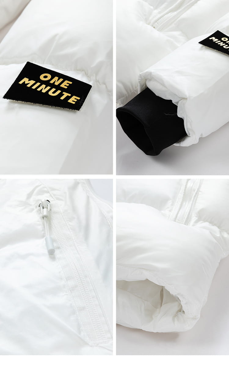 Men’s hooded corduroy white puffer jacket with black ribbed cuffs and a gold one minute patch in plus size.
