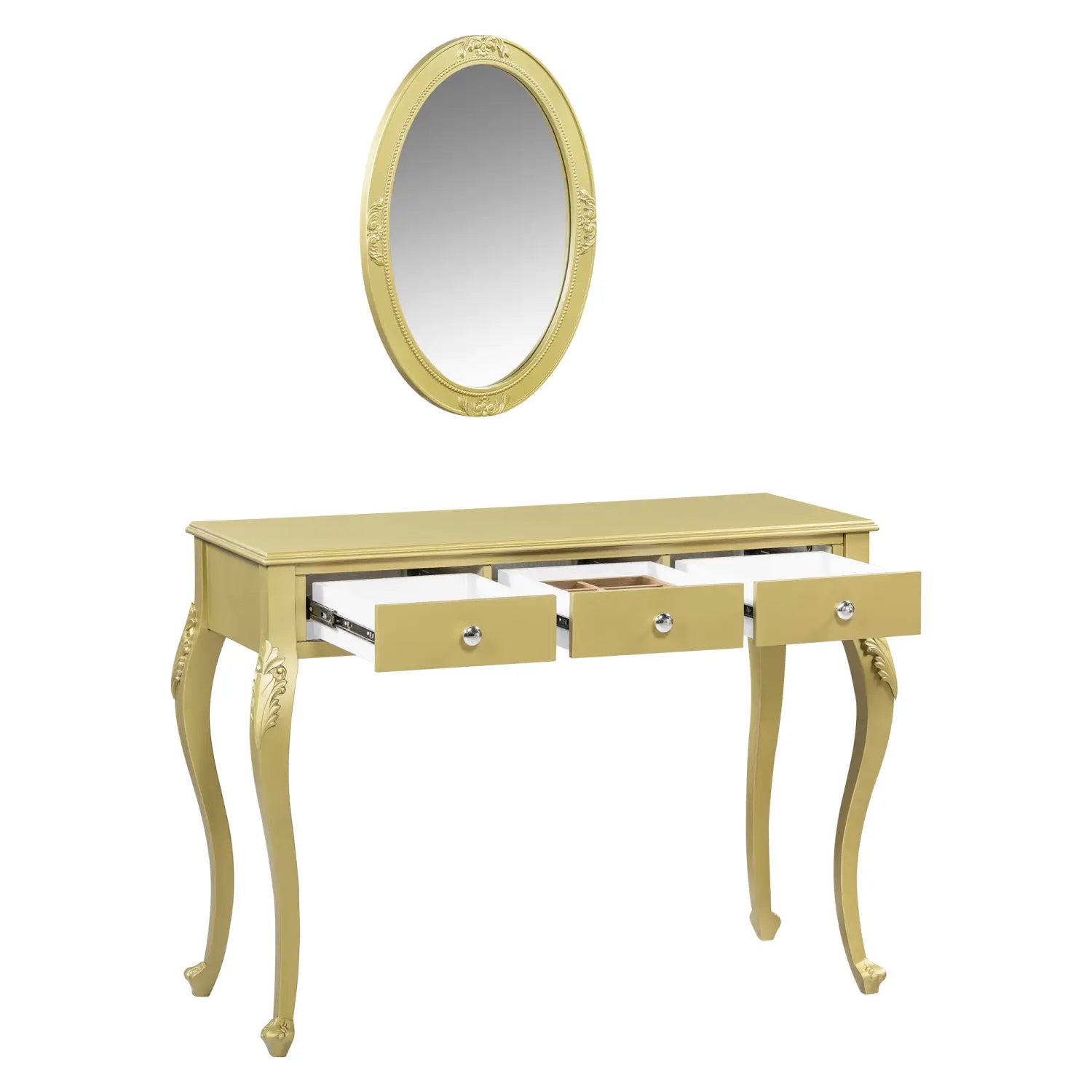 Gold-finished ornate vanity table with three drawers and an oval mirror mounted above designed for makeup and dressing purposes.