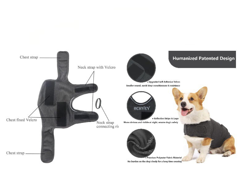 Black soft polyester dog anxiety jacket and breathable thunder vest with reflective strip and velcro straps for secure fit shown from the back side