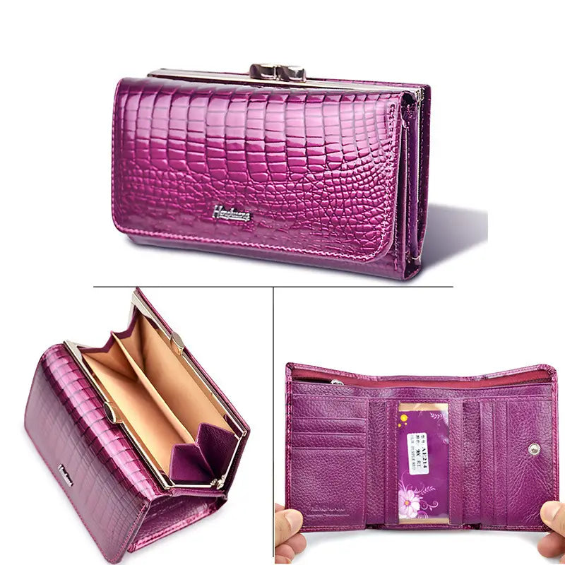 Purple retro crocodile pattern leather trifold wallet with metallic clasp and interior card slots.