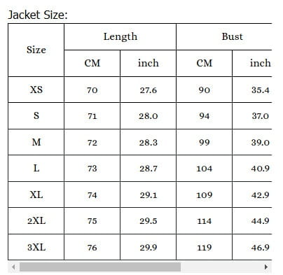 La tabla de tallas de la chaqueta para mujer de plumón ligero con capucha muestra las medidas de longitud y busto en centímetros y pulgadas para las tallas de xs a 3xl.