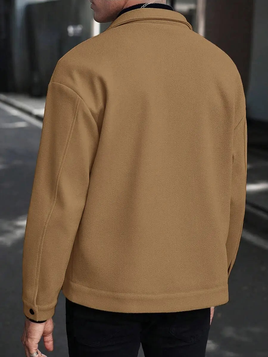 Men’s classic slim fit wool blend lapel jacket in tan with long sleeves, a classic collar, and simple seam detailing.