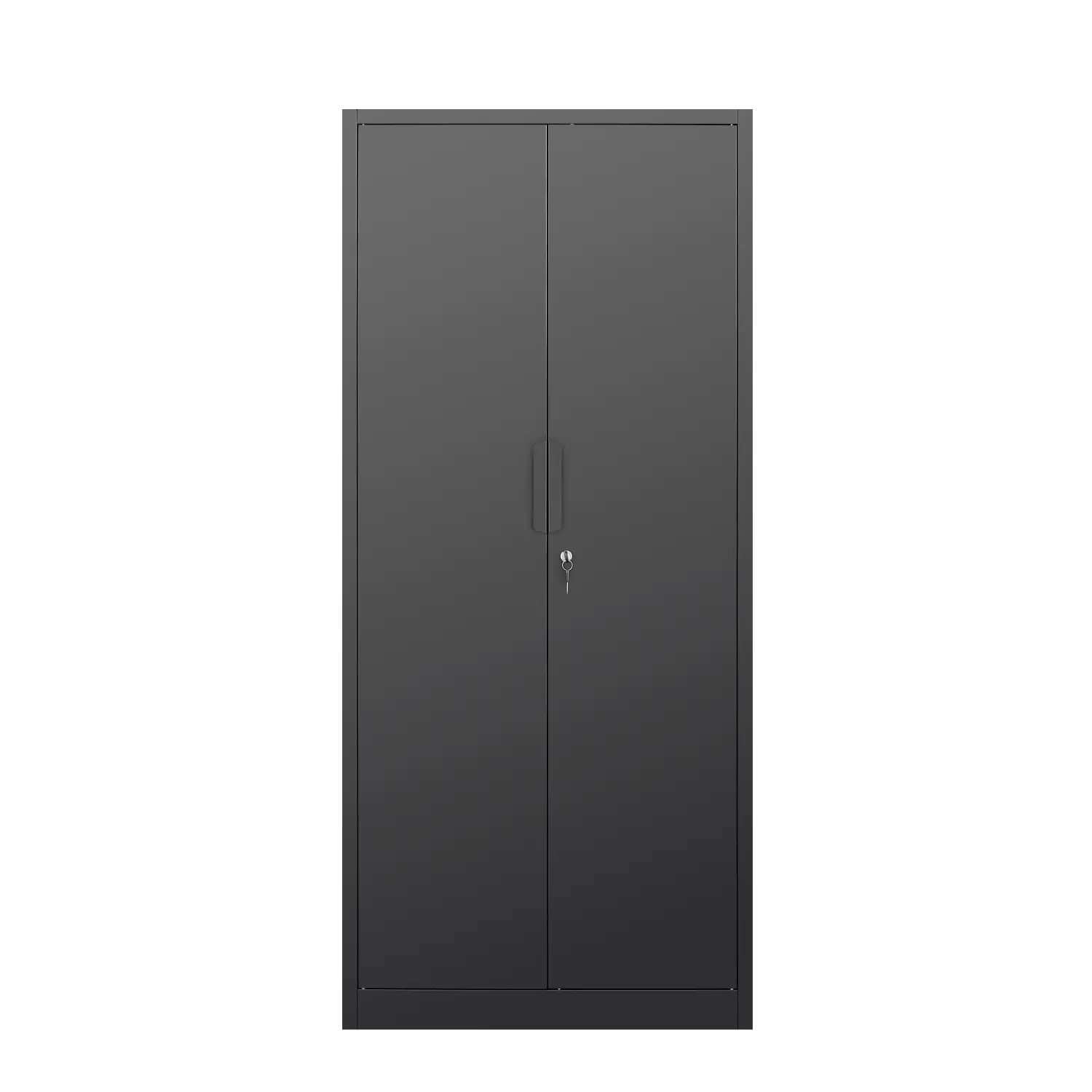 Black metal two-door steel locking file cabinet with 70 inch height and four shelves featuring a sleek minimalist design and vertical handles.