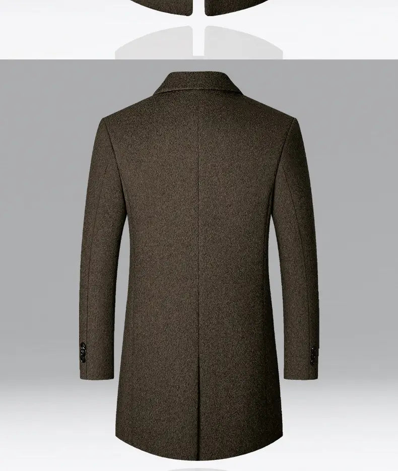 A dark brown textured wool mens overcoat with a notched collar and buttoned cuffs suitable for a warm winter jacket.