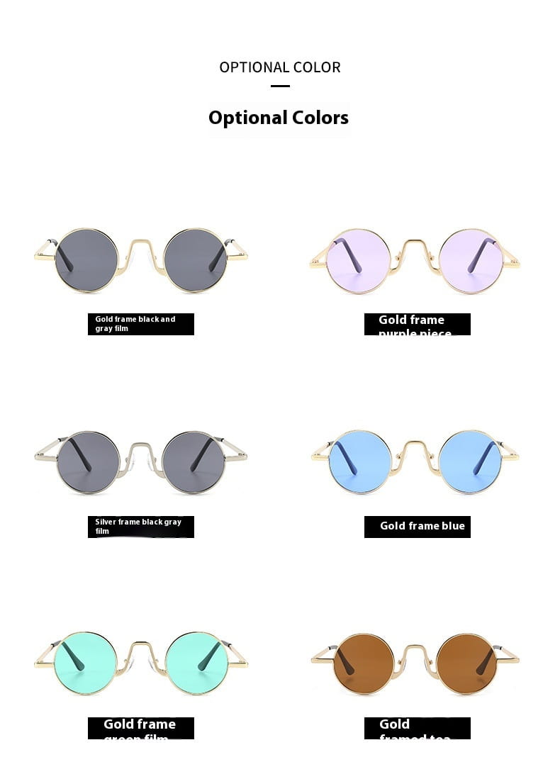 Round sunglasses with thin gold metal frames and mirrored lenses in black purple blue green and brown retro round hip hop style.