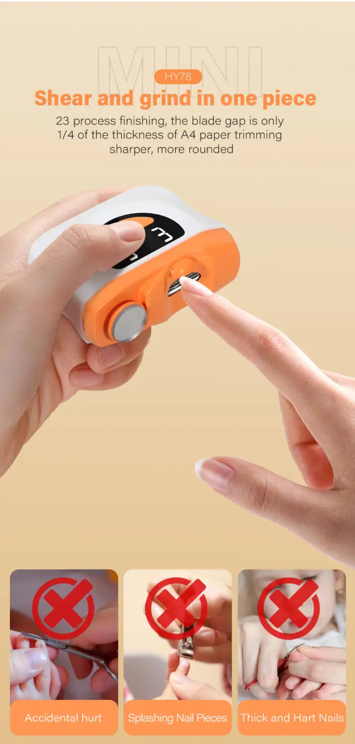 Electric nail clippers in orange and white with a handheld nail shear design and LED digital display for precise trimming.
