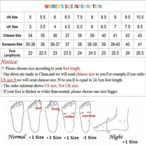 Women leather thong sandals casual flat platform slides accompanied by a shoe size conversion chart with foot length measurements and sizing guidelines.