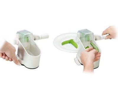 Outil manuel d’épluchage de pois en plastique blanc et vert, à manivelle, pour éplucher les légumes et retirer la coque, doté d’une conception ergonomique élégante pour un épluchage efficace.