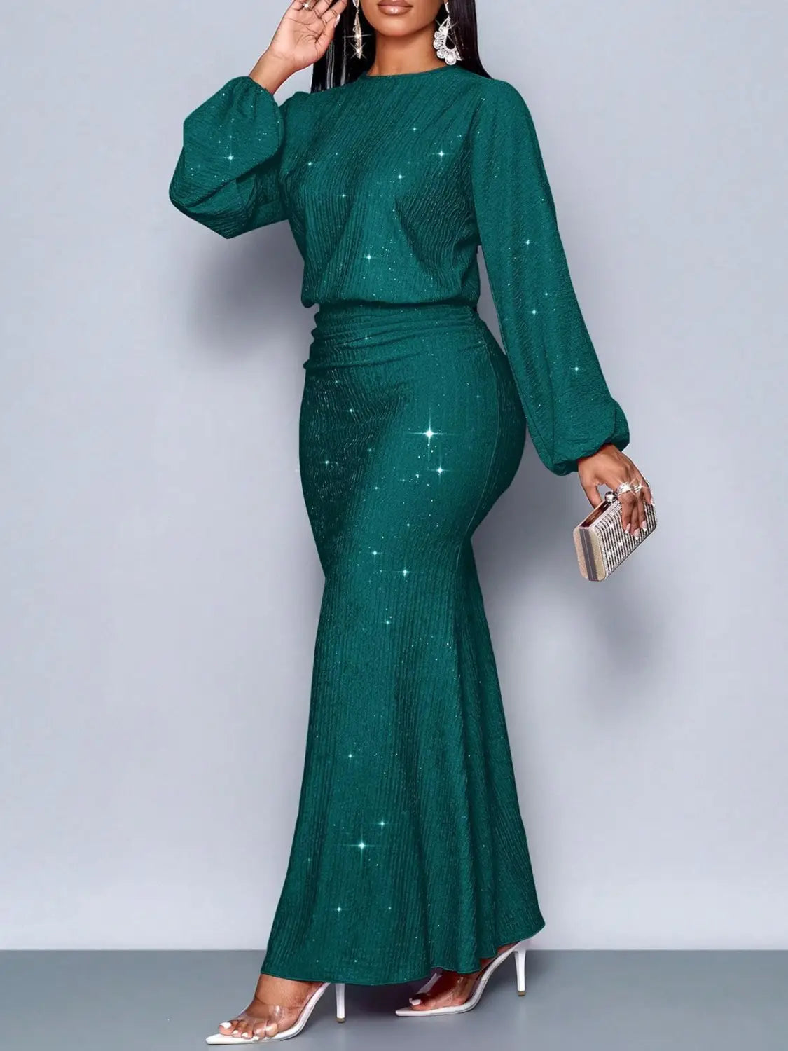 Emerald green sequined long-sleeve mermaid gown with fitted waist from the sequin lantern sleeve mermaid two-piece set.
