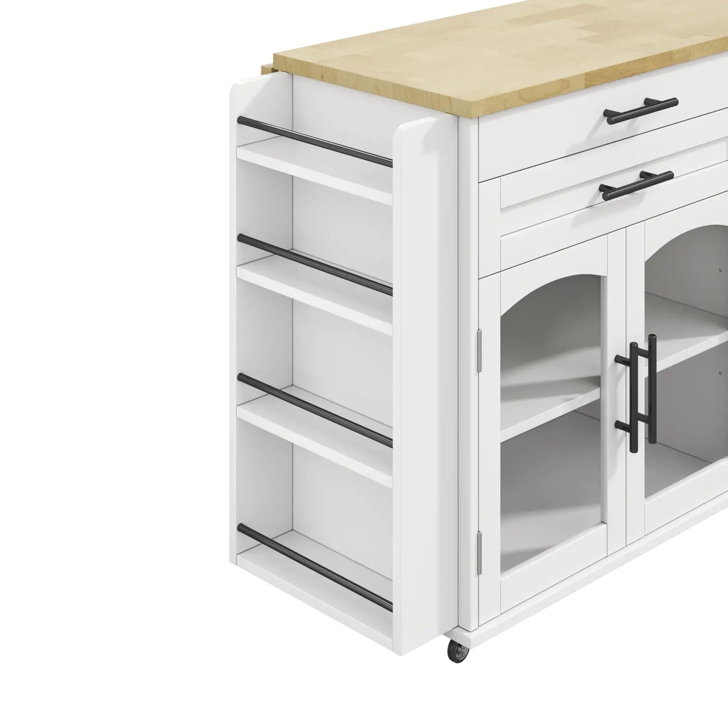 white kitchen cart with light wood countertop and black hardware featuring a foldable worktop and wheels for a mobile kitchen island