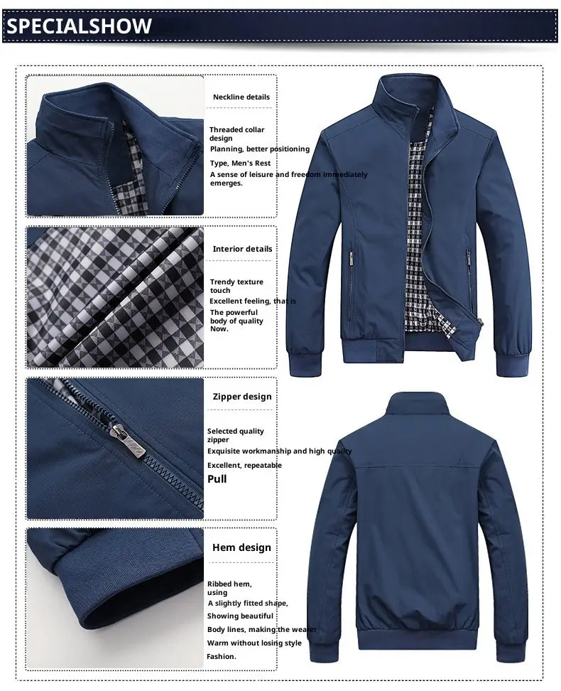 Veste bombardier légère pour homme bleu marine, avec fermeture à glissière et doublure intérieure à carreaux, conçue pour un usage décontracté.