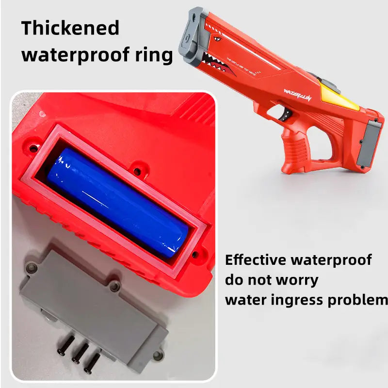Pistolet à eau électrique Shark en plastique rouge et jaune, à conception P90 à haute pression, avec décoration de gueule de requin pour les jeux d’eau en extérieur.