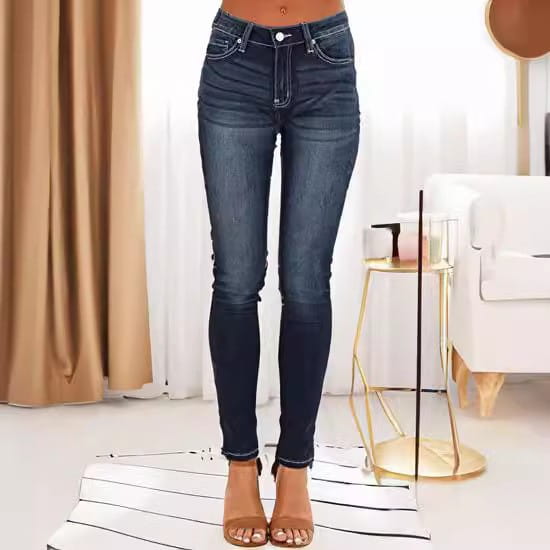 Women’s high-waisted stretch skinny jeans in dark wash denim with a slim fit and frayed hems.