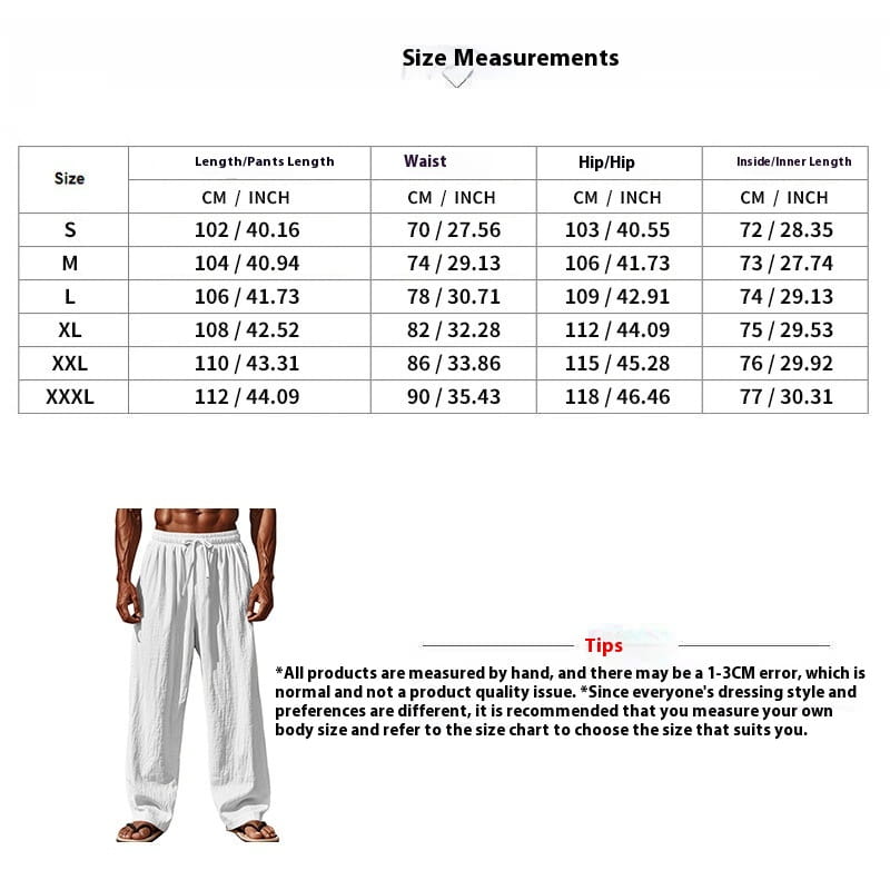 men’s linen joggers casual drawstring pants in white with elastic waistband and loose-fitting design.
