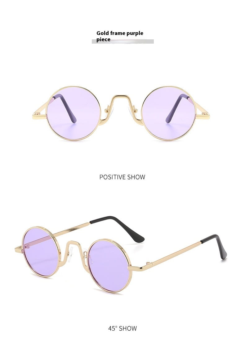 Retro round hip hop sunglasses featuring gold frames with purple mirrored lenses and black temple tips.