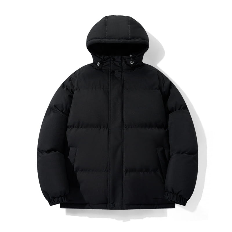 Chaqueta acolchada con capucha para mujer en color negro con diseño tipo capucha, ideal para climas fríos.