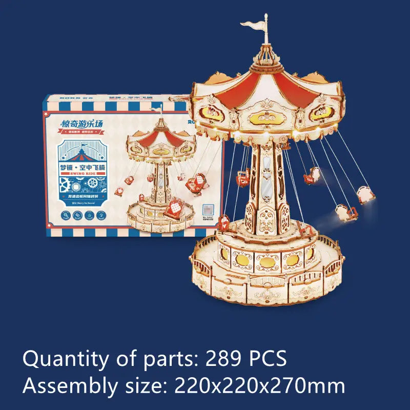 A detailed ornate wooden flying chair carousel 3d puzzle model toy with red and gold accents.