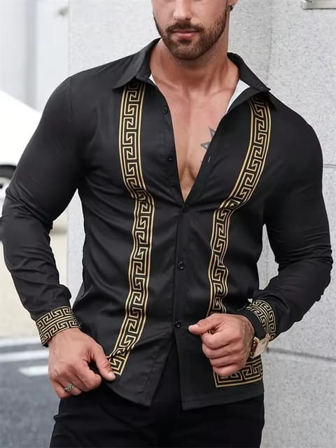 Men’s premium black long-sleeved button-down shirt with gold Greek key pattern trim along the front placket, cuffs, and collar.