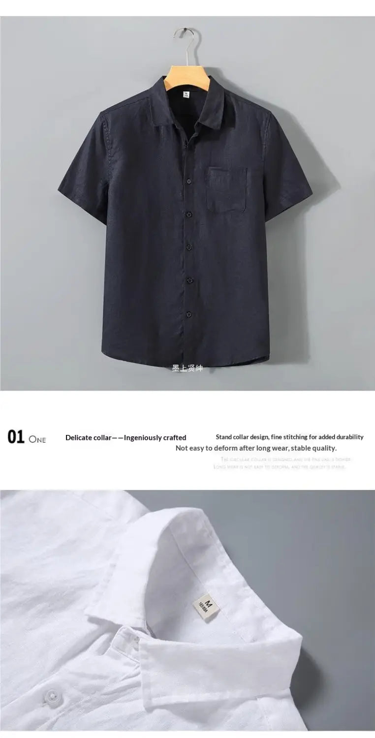 Men’s casual short sleeve pure linen button down shirt in black with a stand collar and chest pocket.
