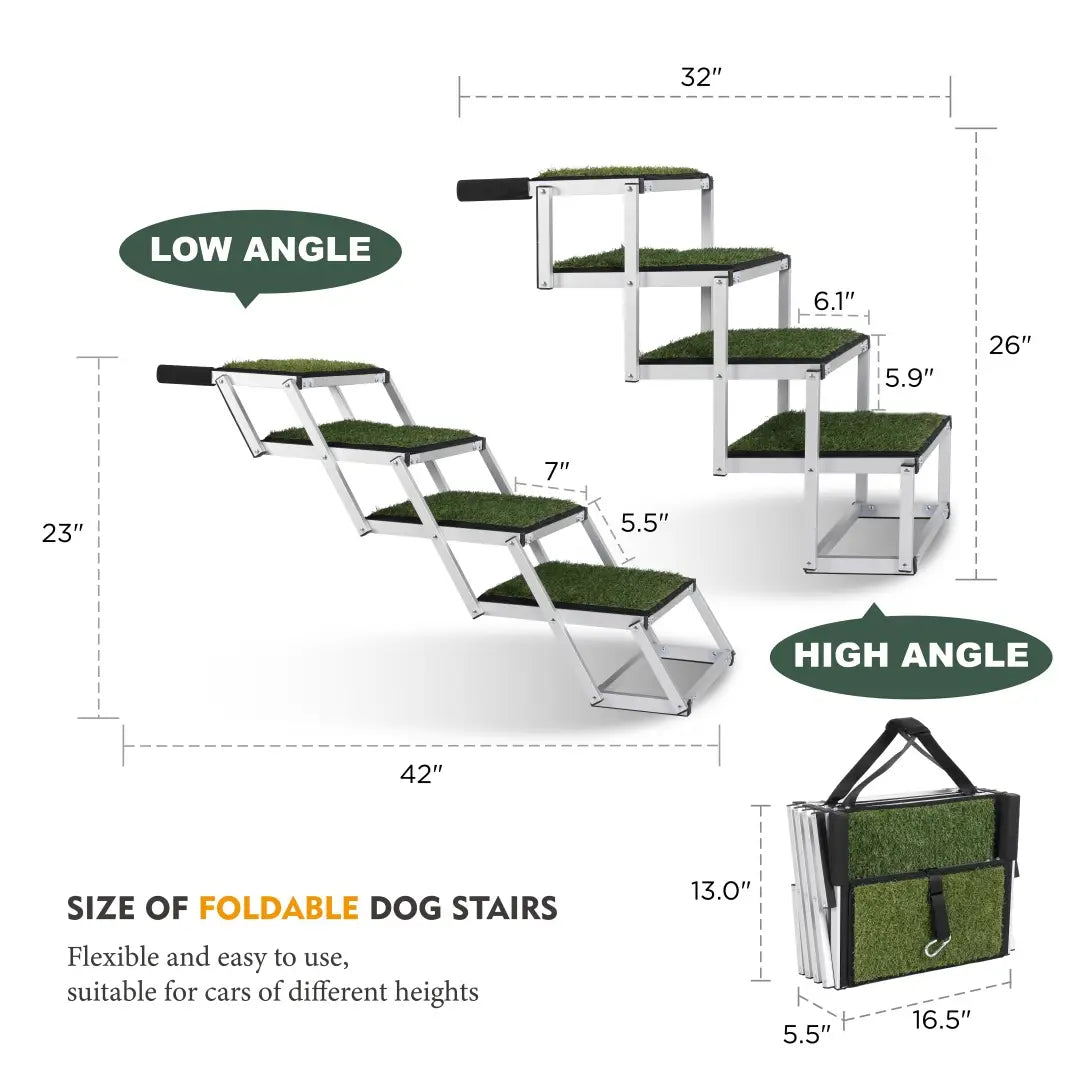 Foldable dog ramp for cars and SUVs with a silver frame, green artificial grass steps, black handles, and 250lb capacity.