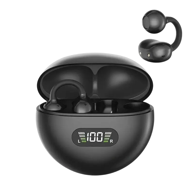 Black ear clip headphones with air conduction technology in a sleek charging case showing 100 percent battery level