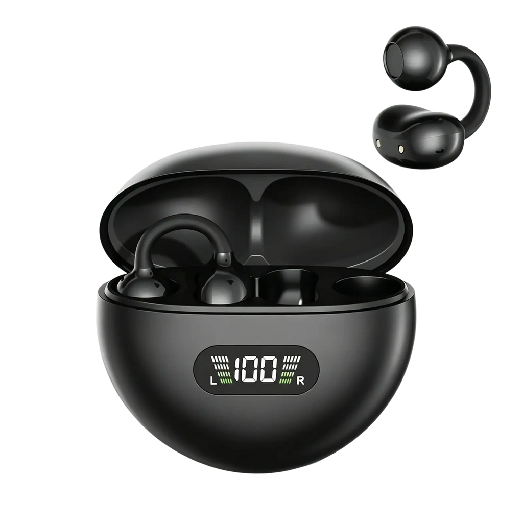 Black ear clip headphones with air conduction technology in sleek charging case showing 100% battery and sound quality