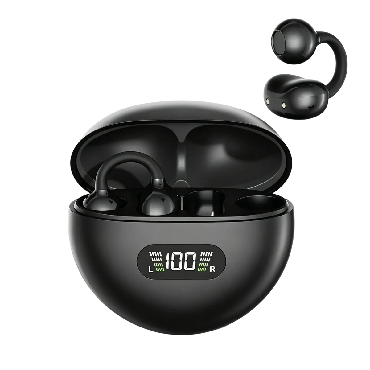 Black ear clip headphones with air conduction technology in sleek charging case showing 100% battery and sound quality