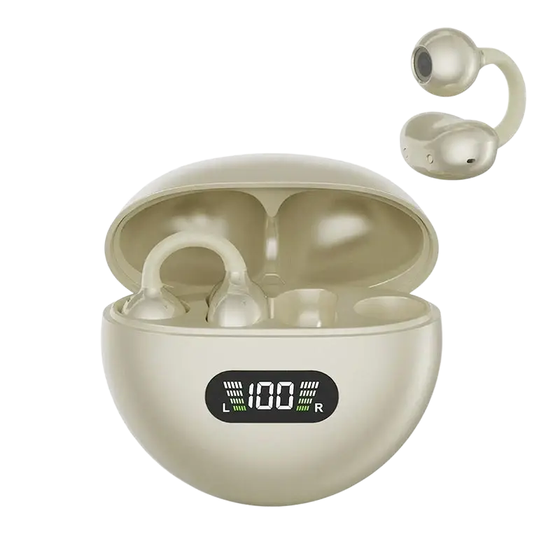 Cream-colored ear clip headphones with air conduction technology featuring a sleek design and digital display case for sound quality